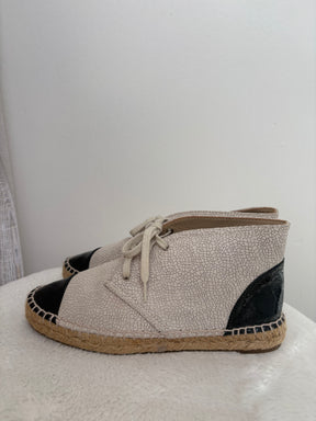 Chanel Ecru Lace Up Espedrilles With Pantent Toes, 37