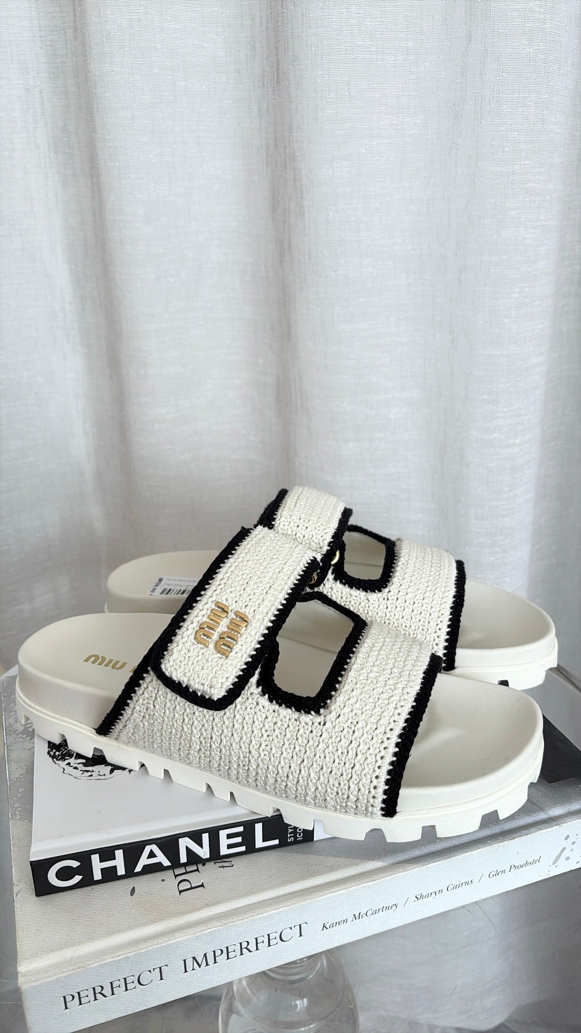 Miu Miu White and Black Knit Logo Slides, 41