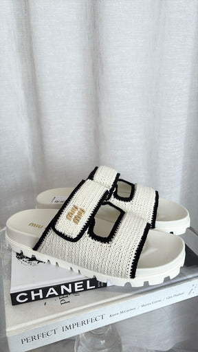 Miu Miu White and Black Knit Logo Slides, 41