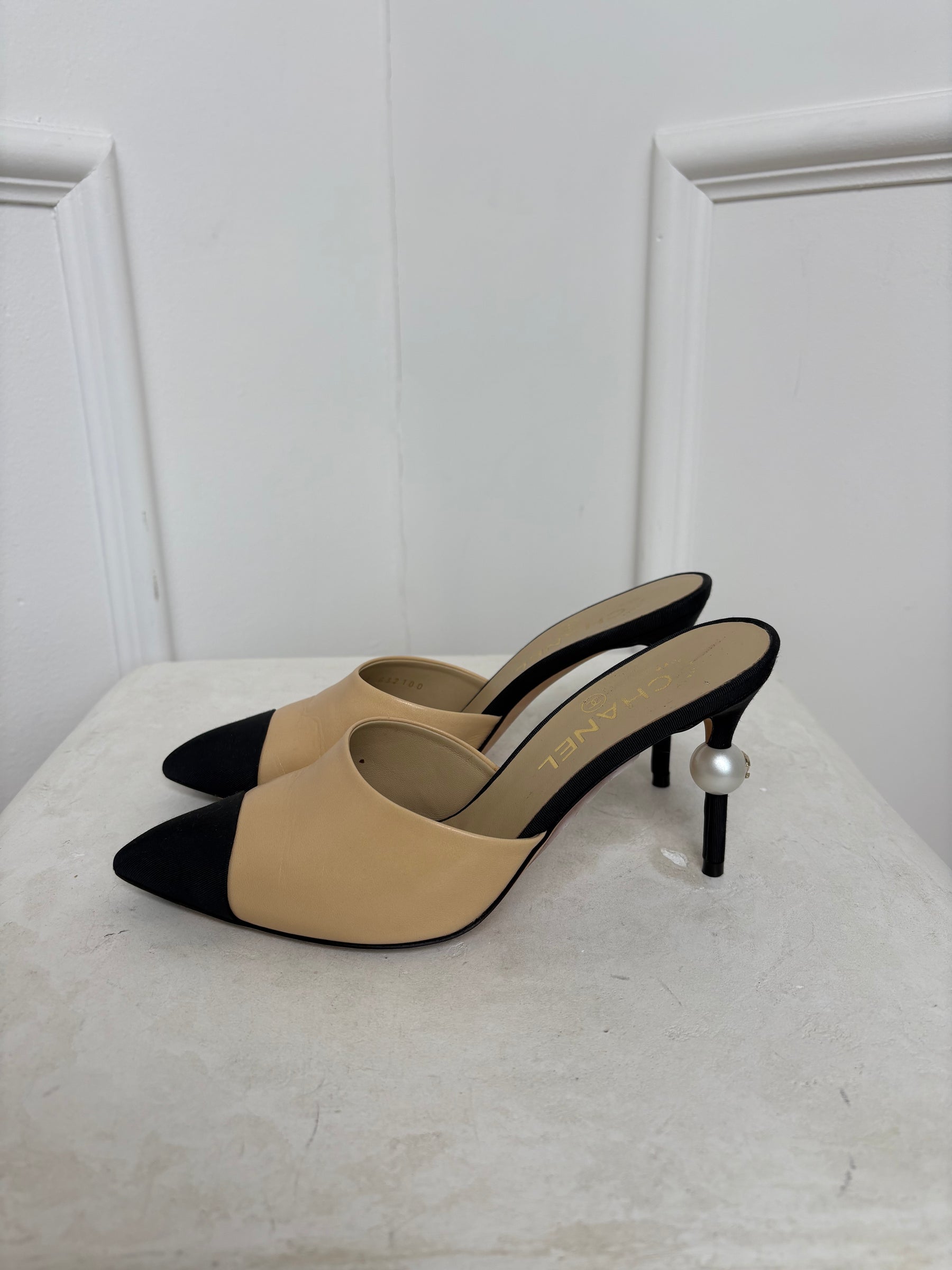Chanel Beige Leather and Black Grosgrain Pointed Pearl Heel Mule, 37C