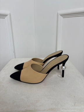 Chanel Beige Leather and Black Grosgrain Pointed Pearl Heel Mule, 37C