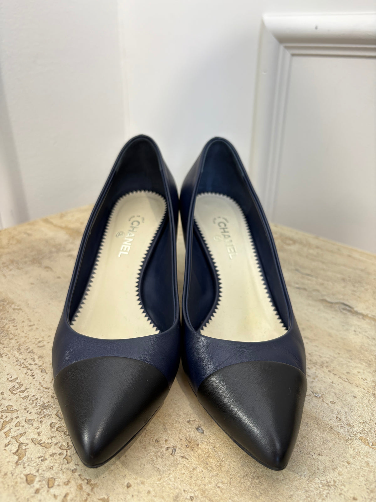 Chanel Navy and Black Leather Pointed Pumps, 36C