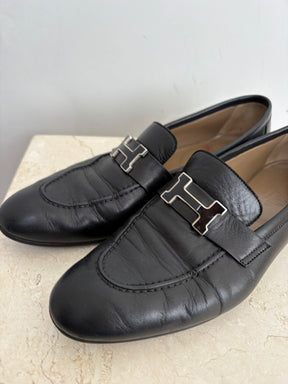 Hermès Black Leather Loafers, 39