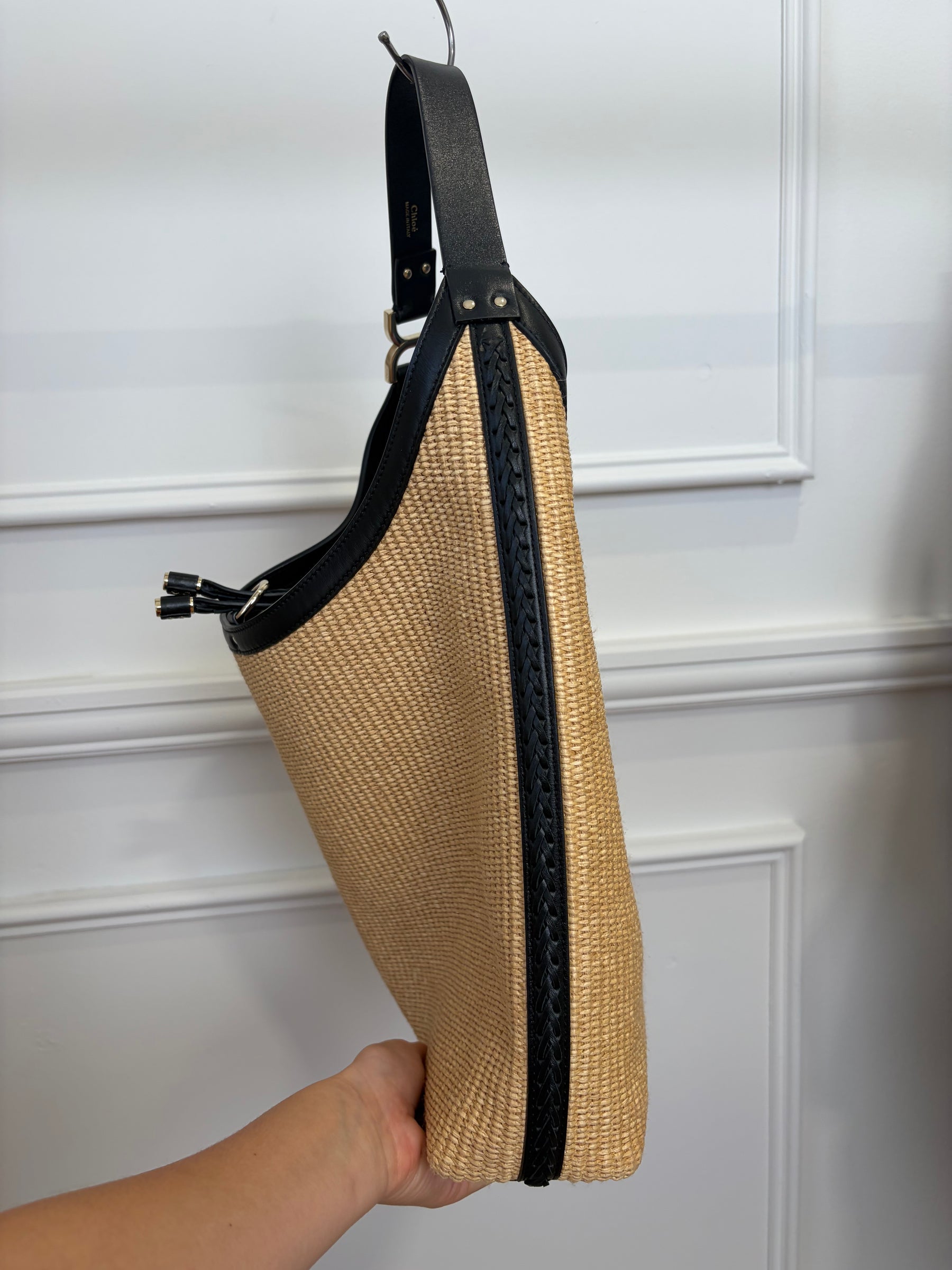 Chloé Raffia and Black Leather Marcie Hobo Bag