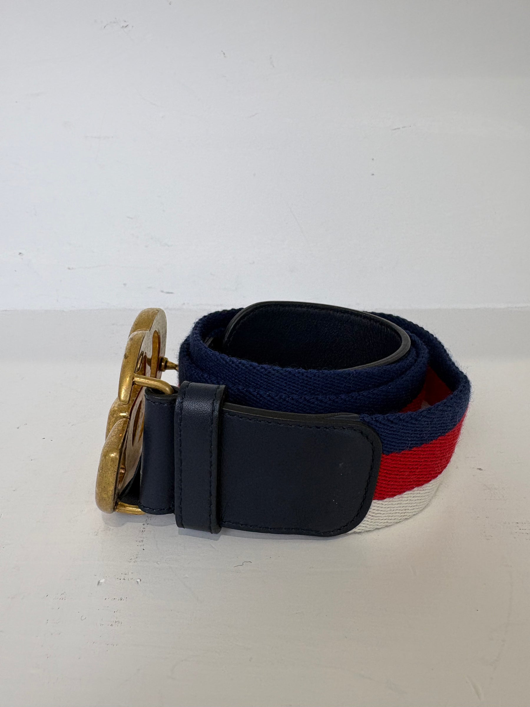 Gucci Navy, Red and White Canvas Strap Marmont Belt, 90