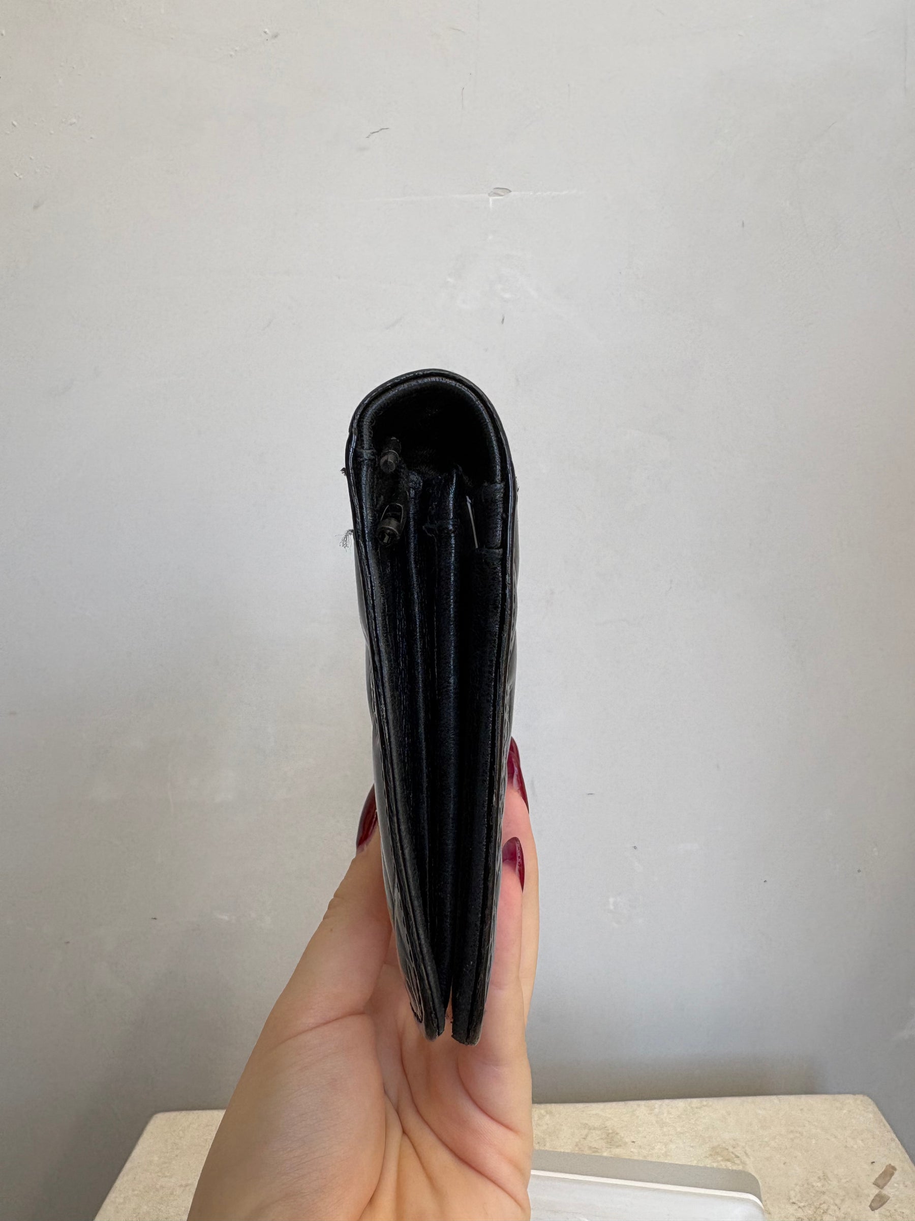 Chanel Black Patent 'Lucky Symbols' Embossed Flap Wallet