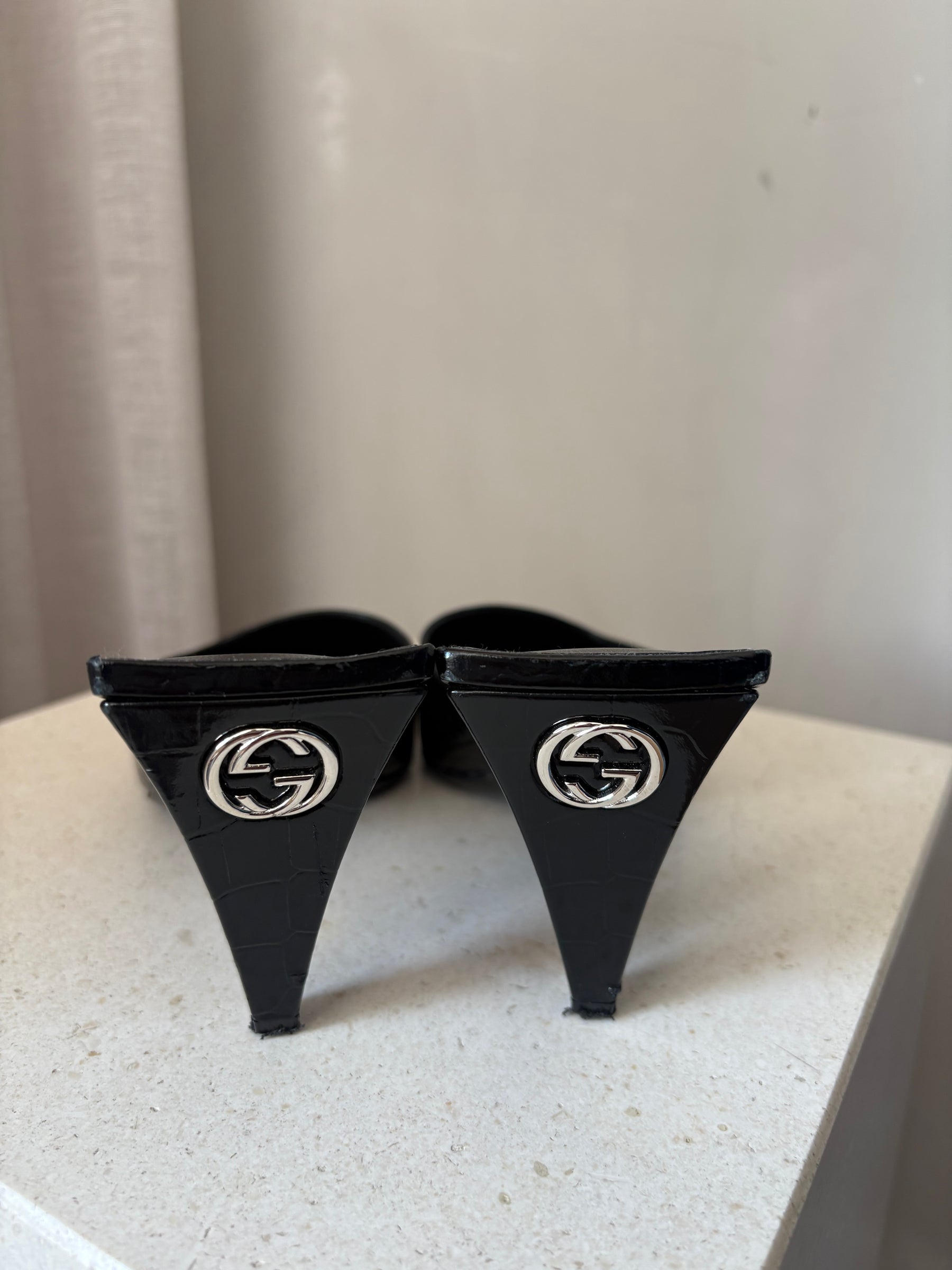 Gucci Black Croc Embossed Mules, 38