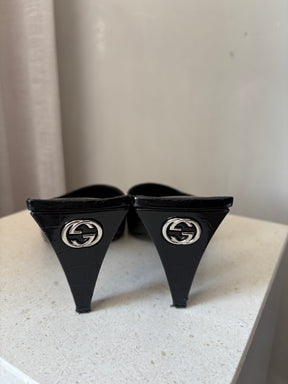 Gucci Black Croc Embossed Mules, 38