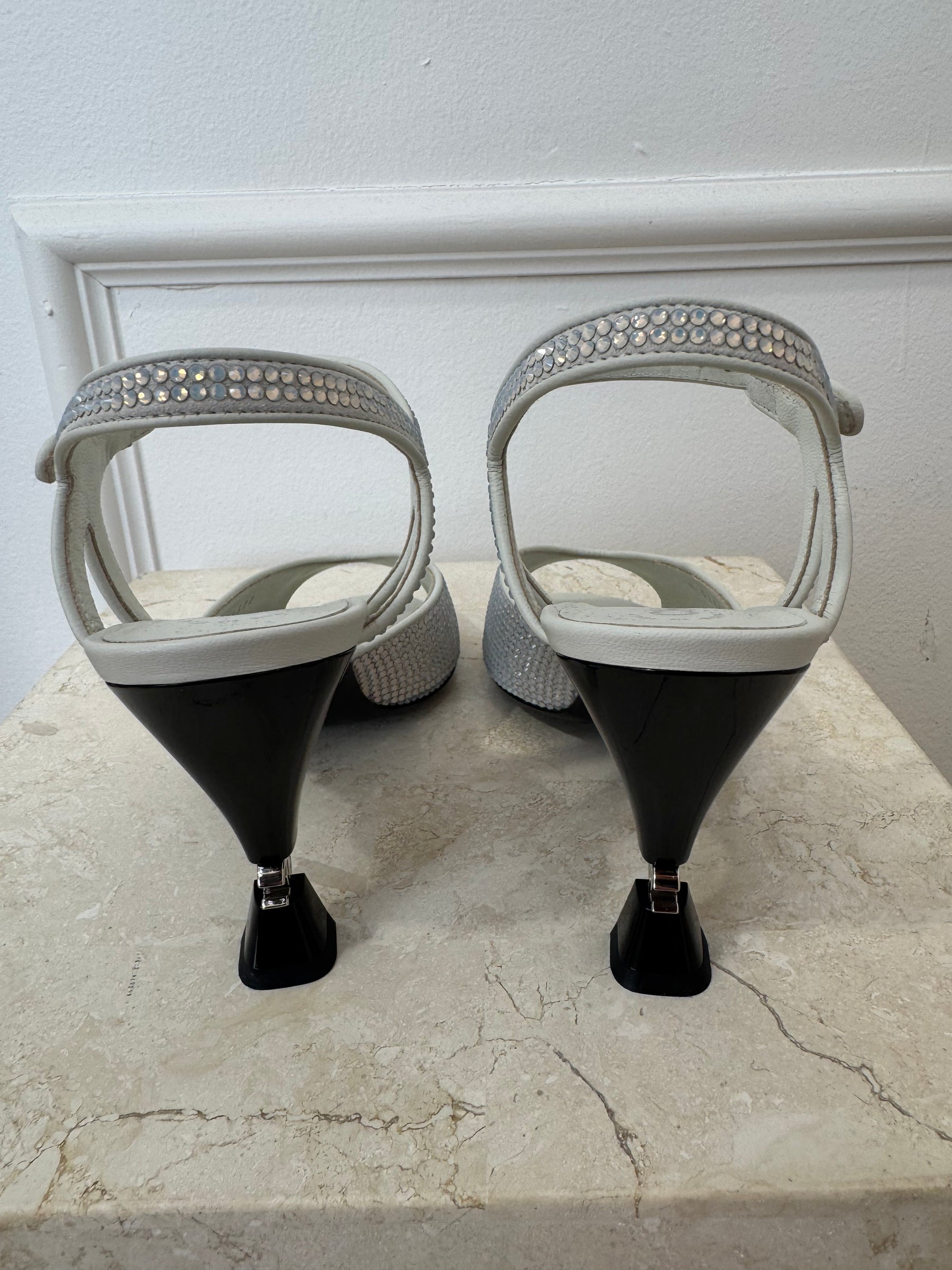 Chanel White Crystal Peep Toe Logo Heels, 38C