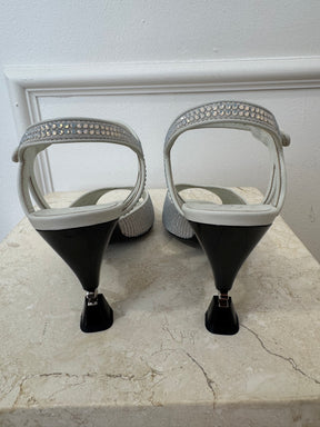 Chanel White Crystal Peep Toe Logo Heels, 38C