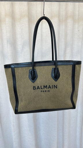 Balmain Khaki Canvas and Black Leather Logo Tote