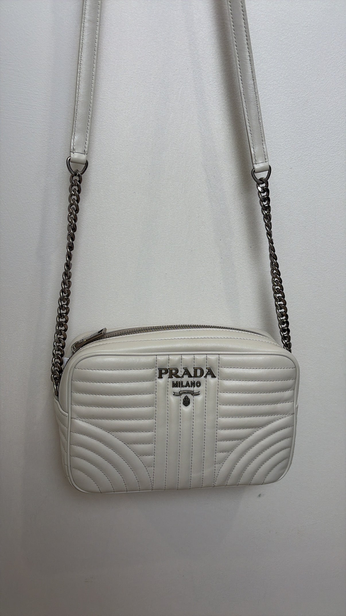 Prada White Leather Quilted Diagramme Camera Bag