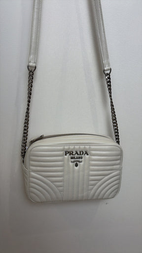 Prada White Leather Quilted Diagramme Camera Bag