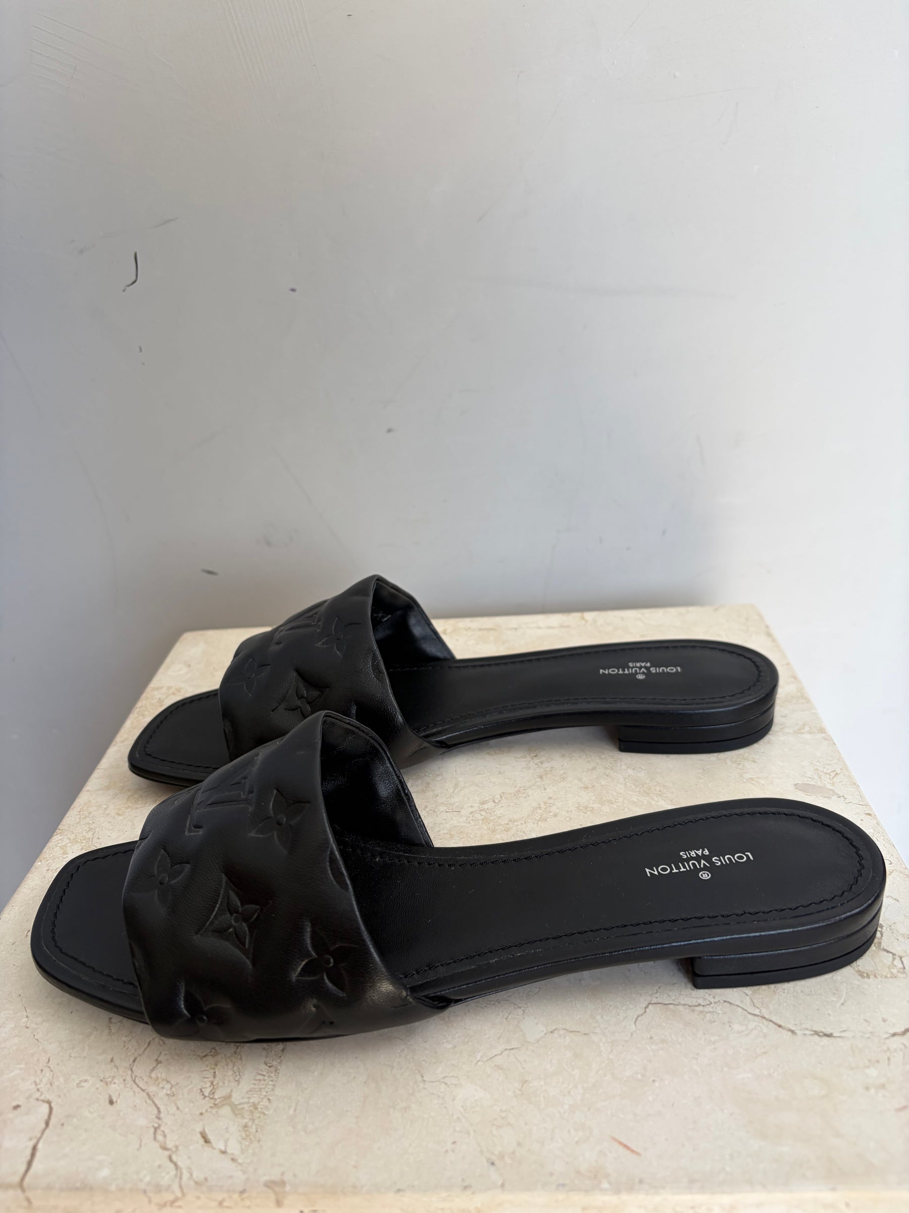 Louis Vuitton Black Embossed Leather Revival Mule, 40
