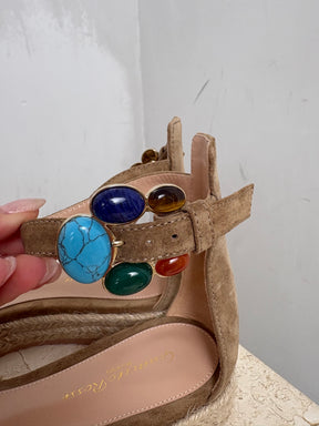 Gianvito Rossi Taupe Suede Espadrille Sandal with Gem Buckle, 38