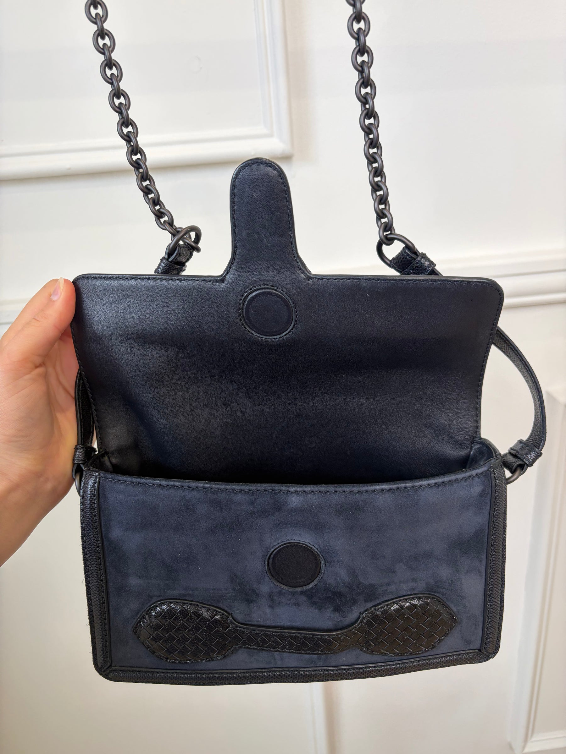 Bottega Veneta Navy Suede and Leather Rialto Shoulder Bag