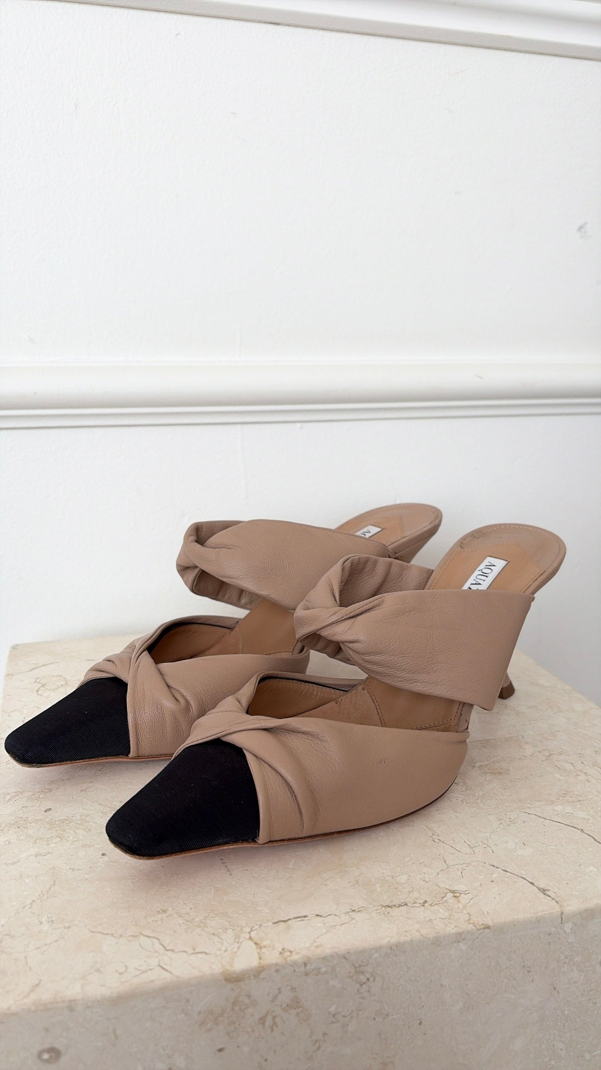 Aquazzura Beige Twist Mules with Black Toe Cap, 40