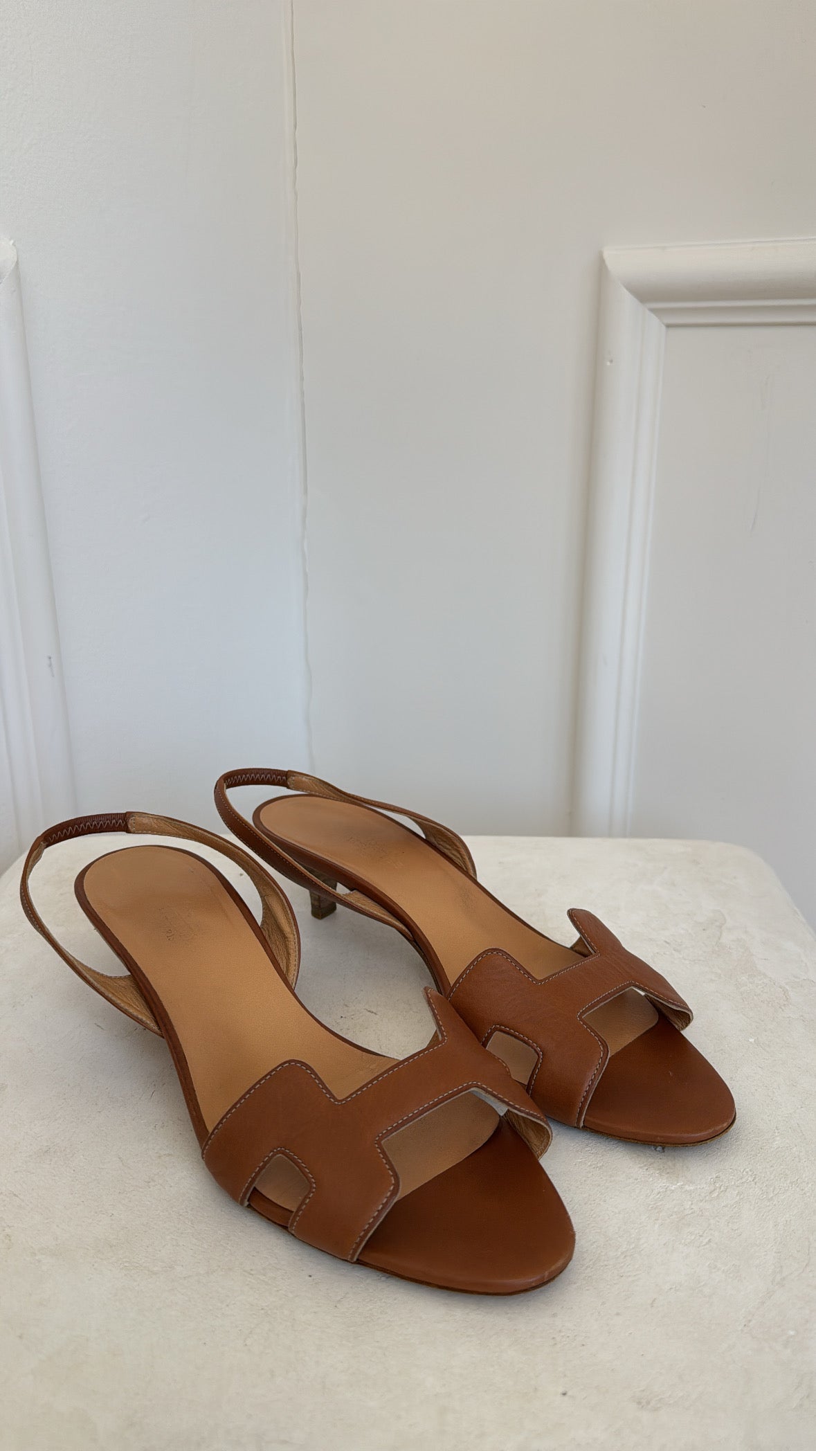 Hermès Tan H Slingback Kitten Heel Sandals, 38