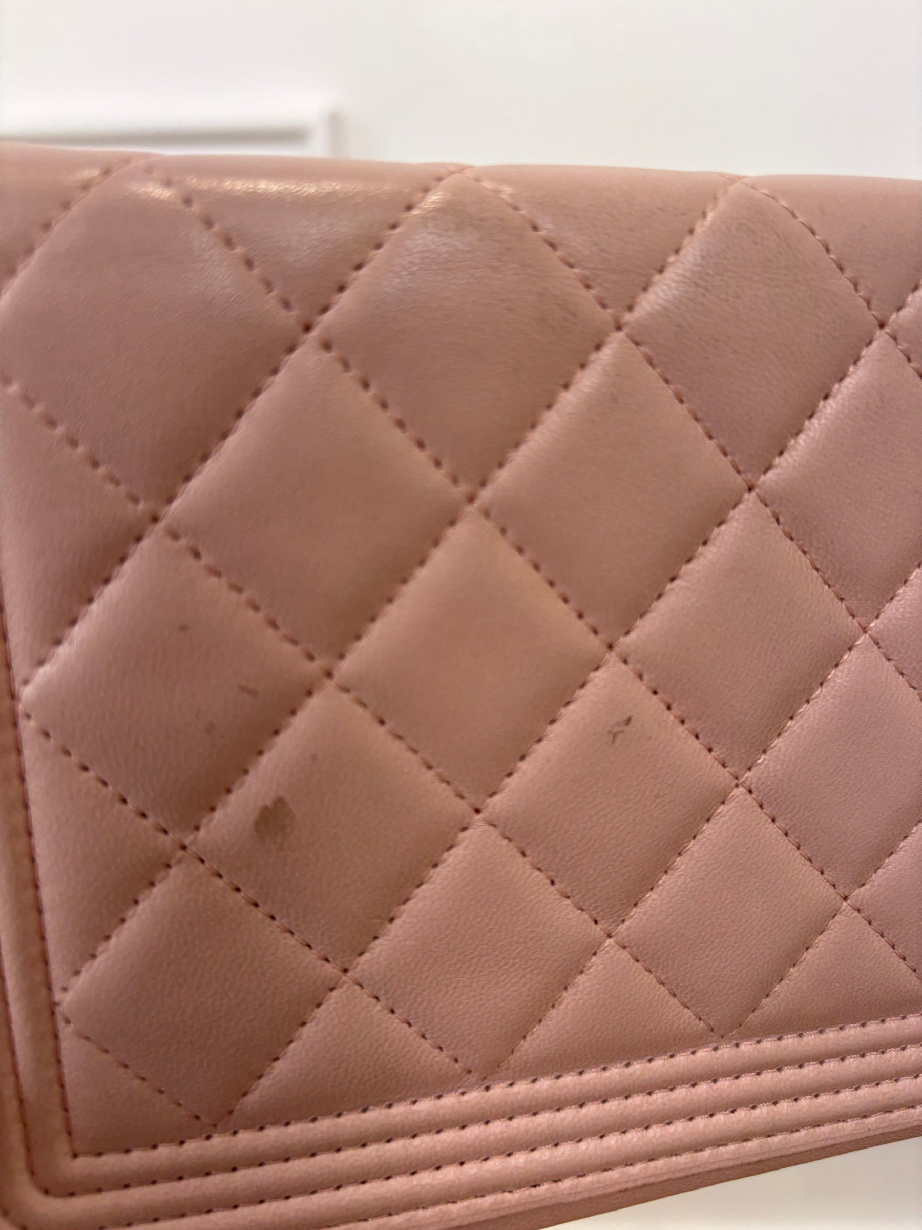 Chanel Baby Pink Iridescent Leather Boy Wallet On Chain