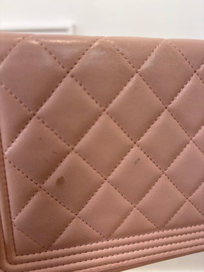Chanel Baby Pink Iridescent Leather Boy Wallet On Chain
