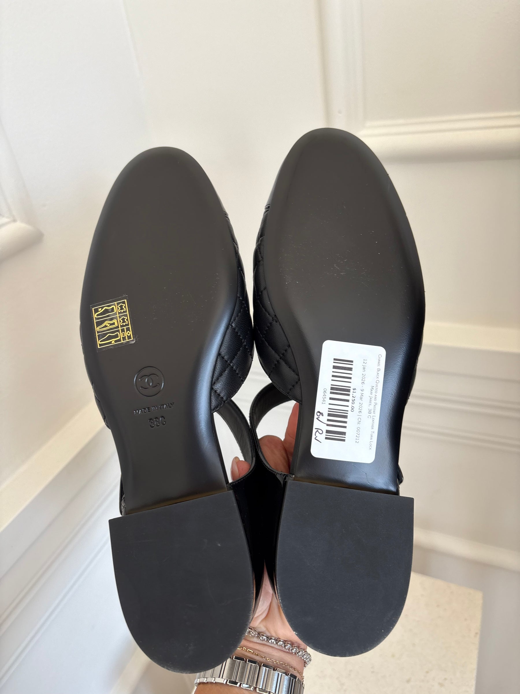 Chanel Black Quilted and Patent Leather Turn Lock Mary Janes, 38 C