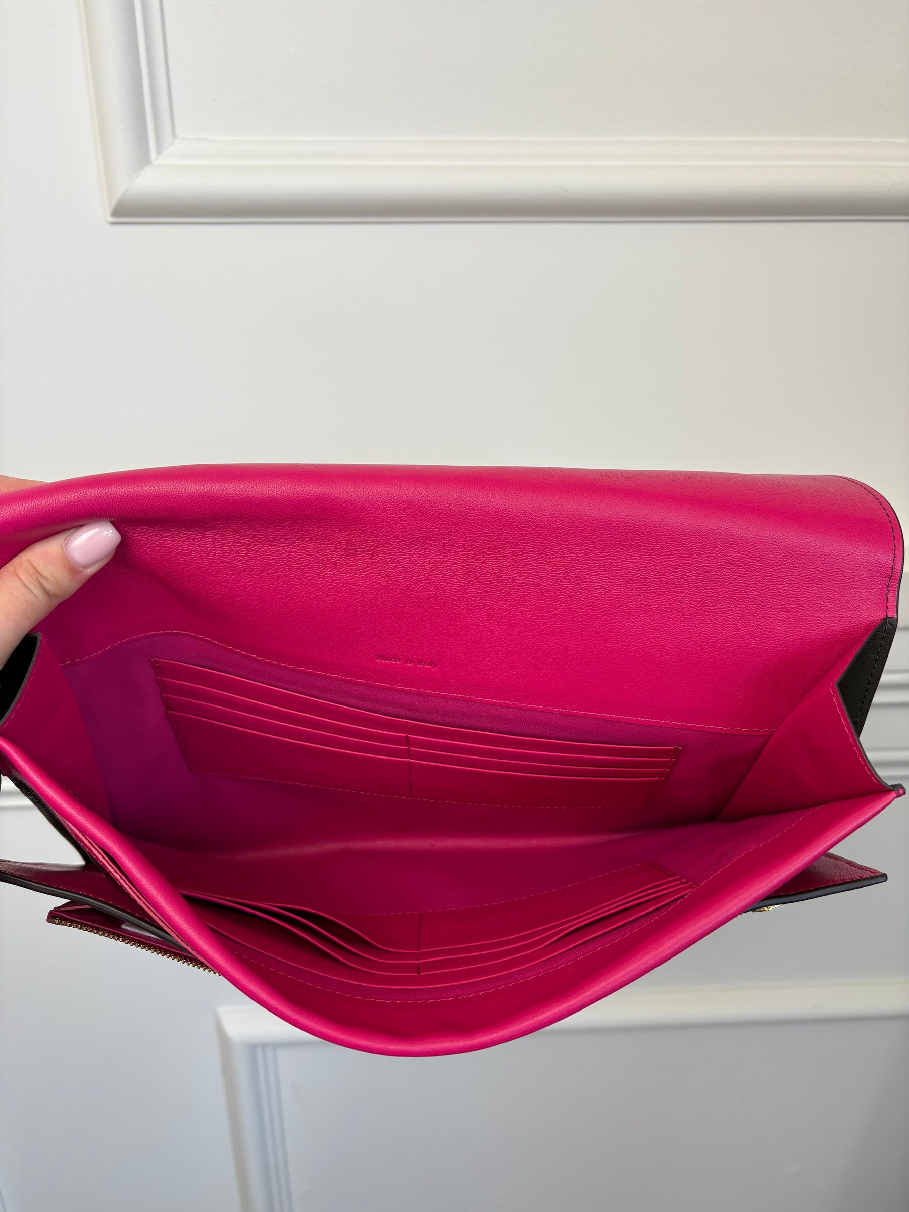 Celine Dark Khaki and Pink Leather Clutch