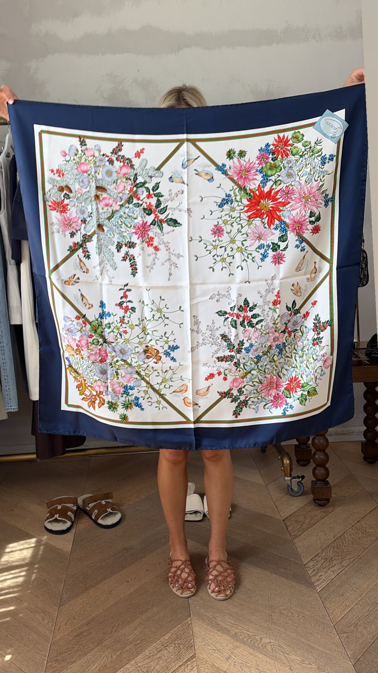 Gucci Navy and Cream Multi Floral Silk Scarf 90