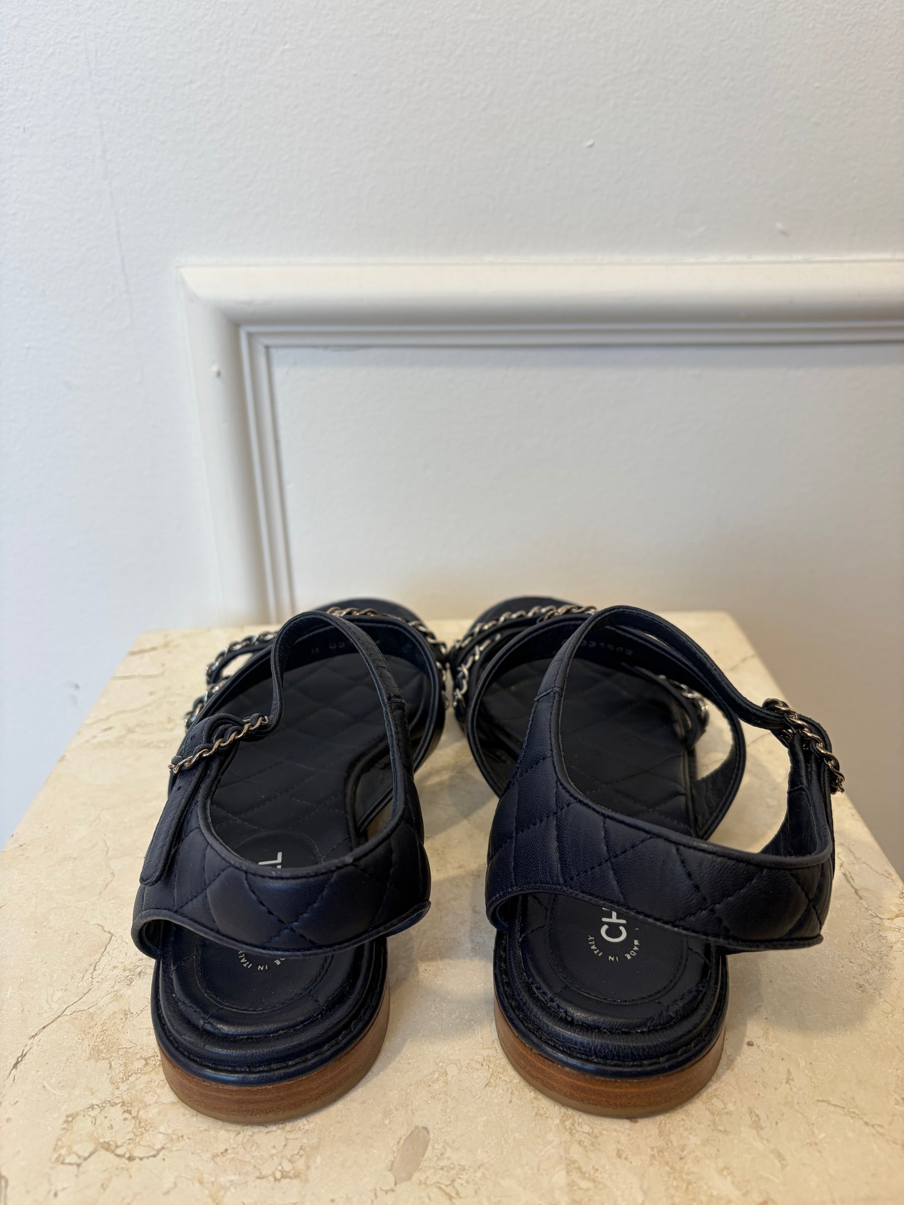 Chanel Navy Leather Silver Chain Logo Sandals, 39 C