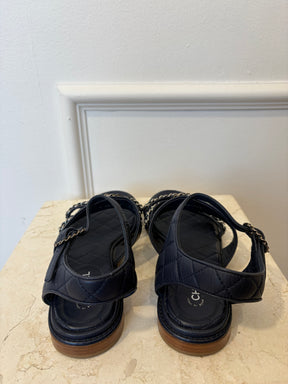 Chanel Navy Leather Silver Chain Logo Sandals, 39 C
