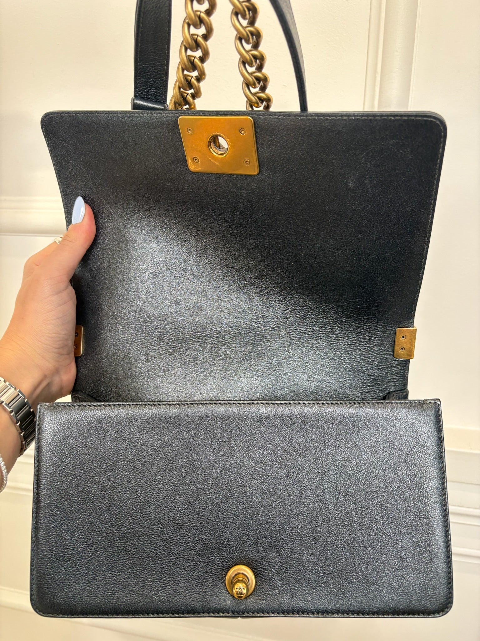 Chanel Charcoal Metallic Leather Old Medium Boy Bag
