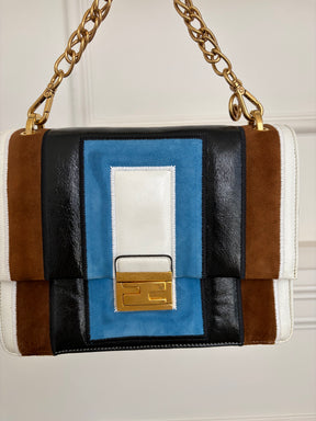 Fendi White Brown Black and Blue Suede and Leather Kan U Shoulder Bag