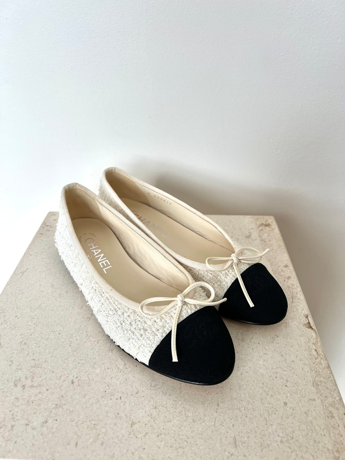 Chanel Cream Tweed Logo Ballet Flats, 37C