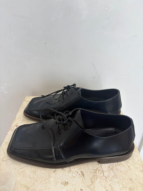 Tibi Navy Patent leather Square Toe Lace Up Shoes, 37.5