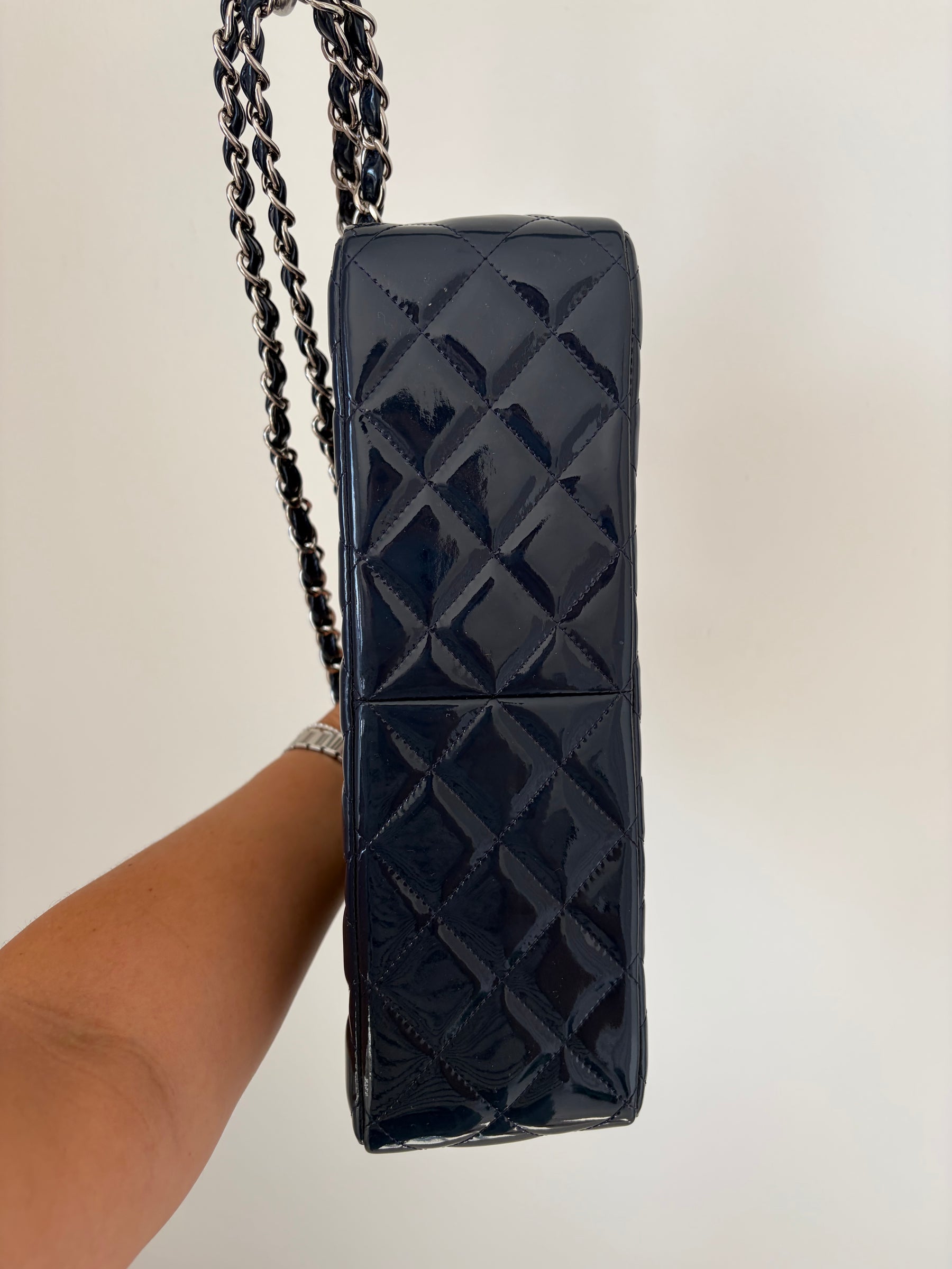 Chanel Navy Blue Patent Leather Jumbo Flap Bag