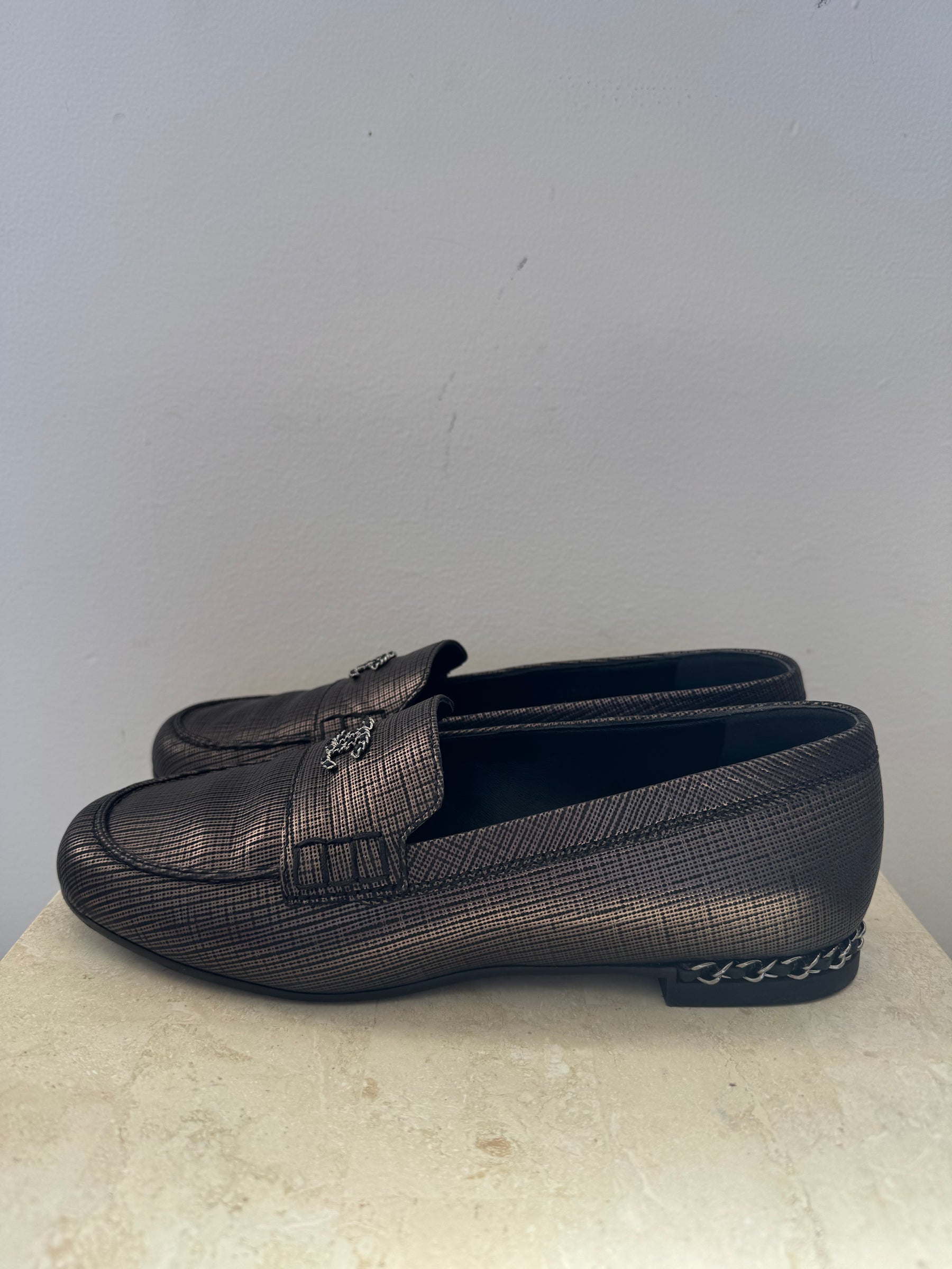 Chanel Dark Bronze Textured Logo Loafer, 39 C