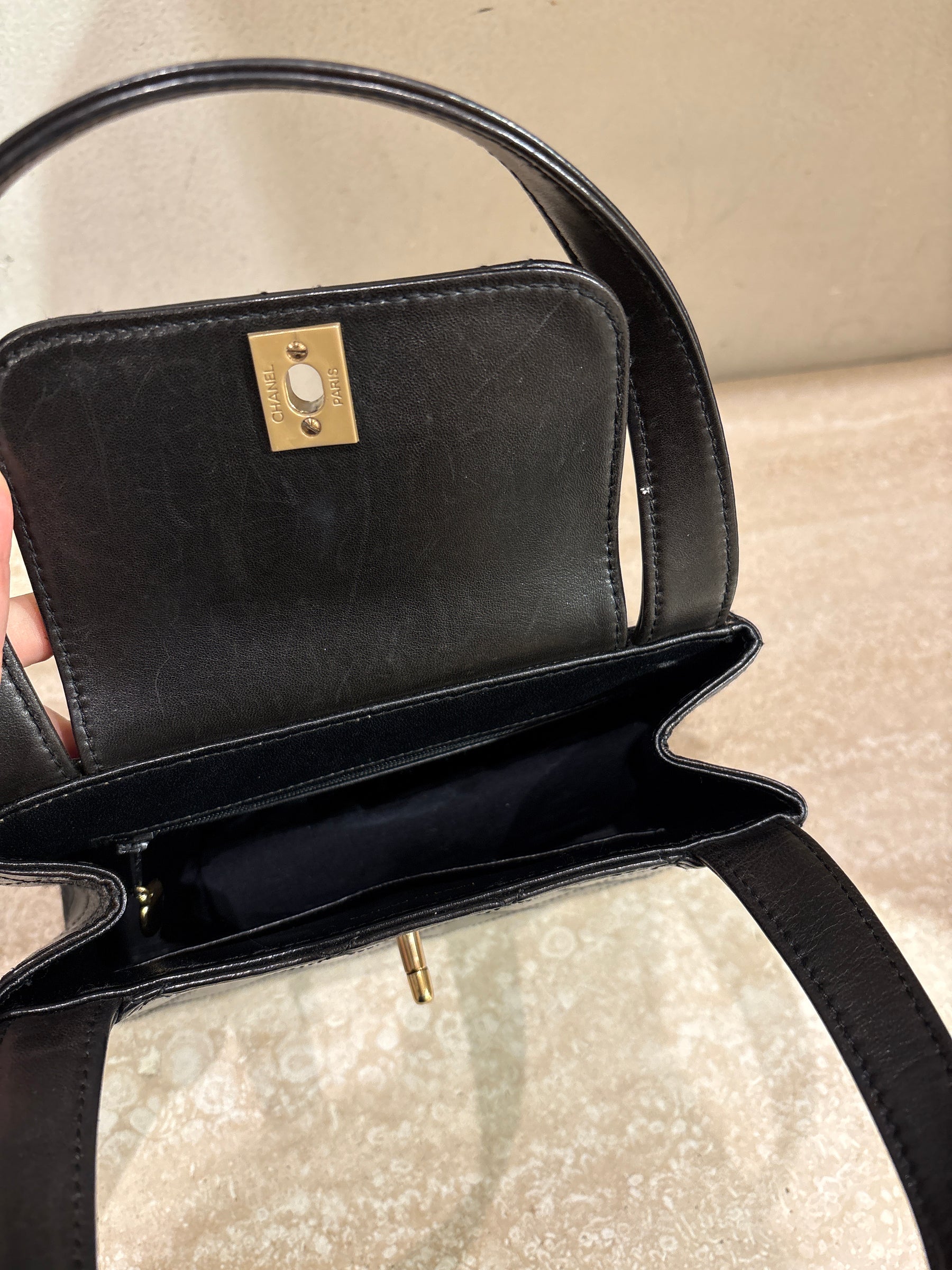 Chanel Black Leather Quilted Vintage Top Handle Bag