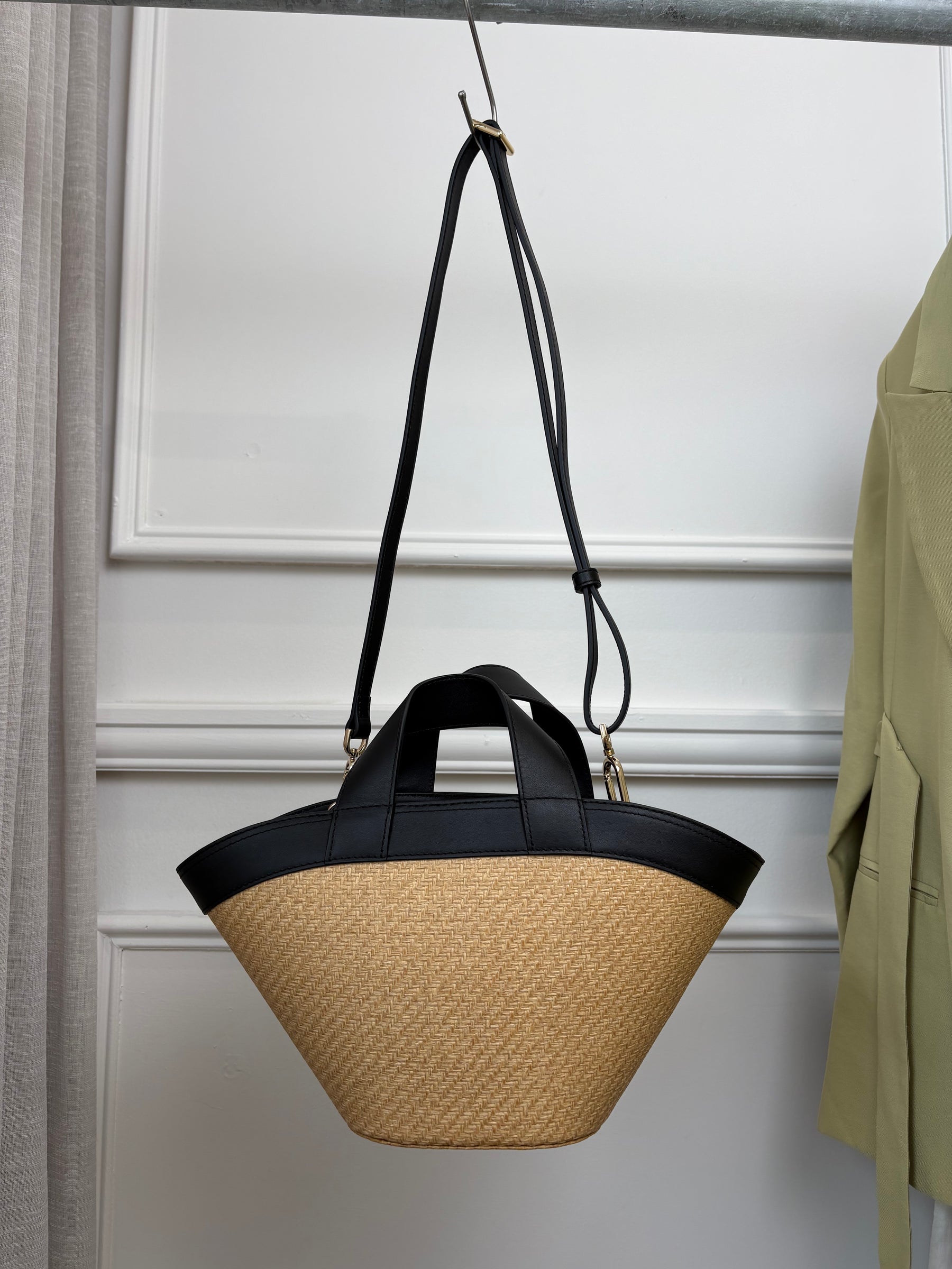 Scanlan Theodore Black Leather and Raffia Mini Trapeze Bag