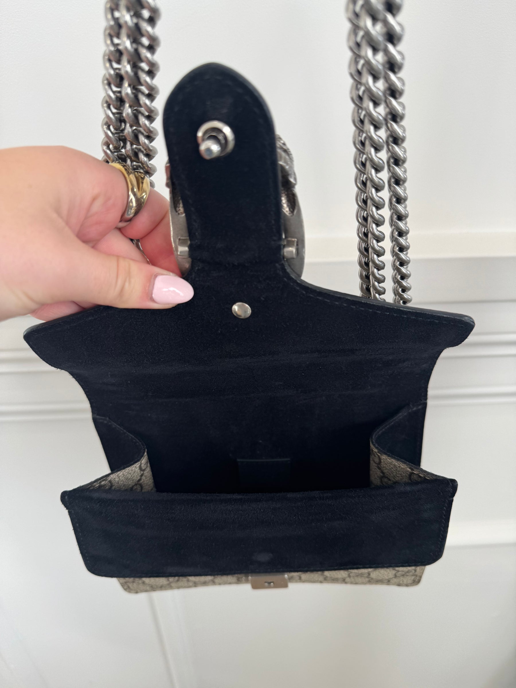 Gucci Taupe and Black Suede Monogram Small Dionysus Bag