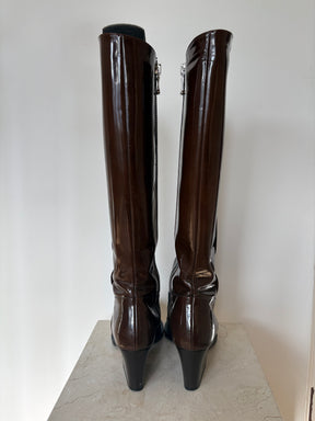 Tibi Brown Patent Leather Point Thigh High Boots, 37.5