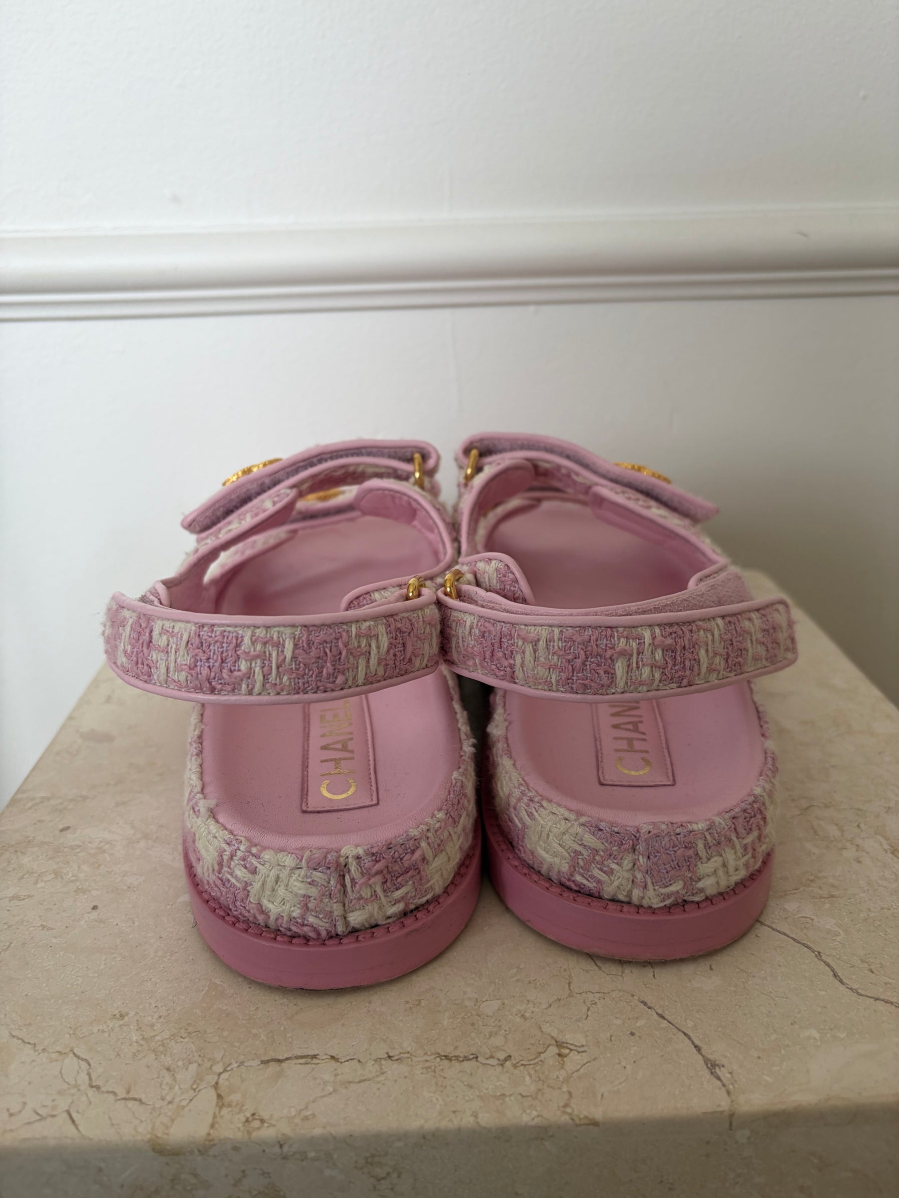 Chanel Pink And White Tweed Dad Sandals, 41 C