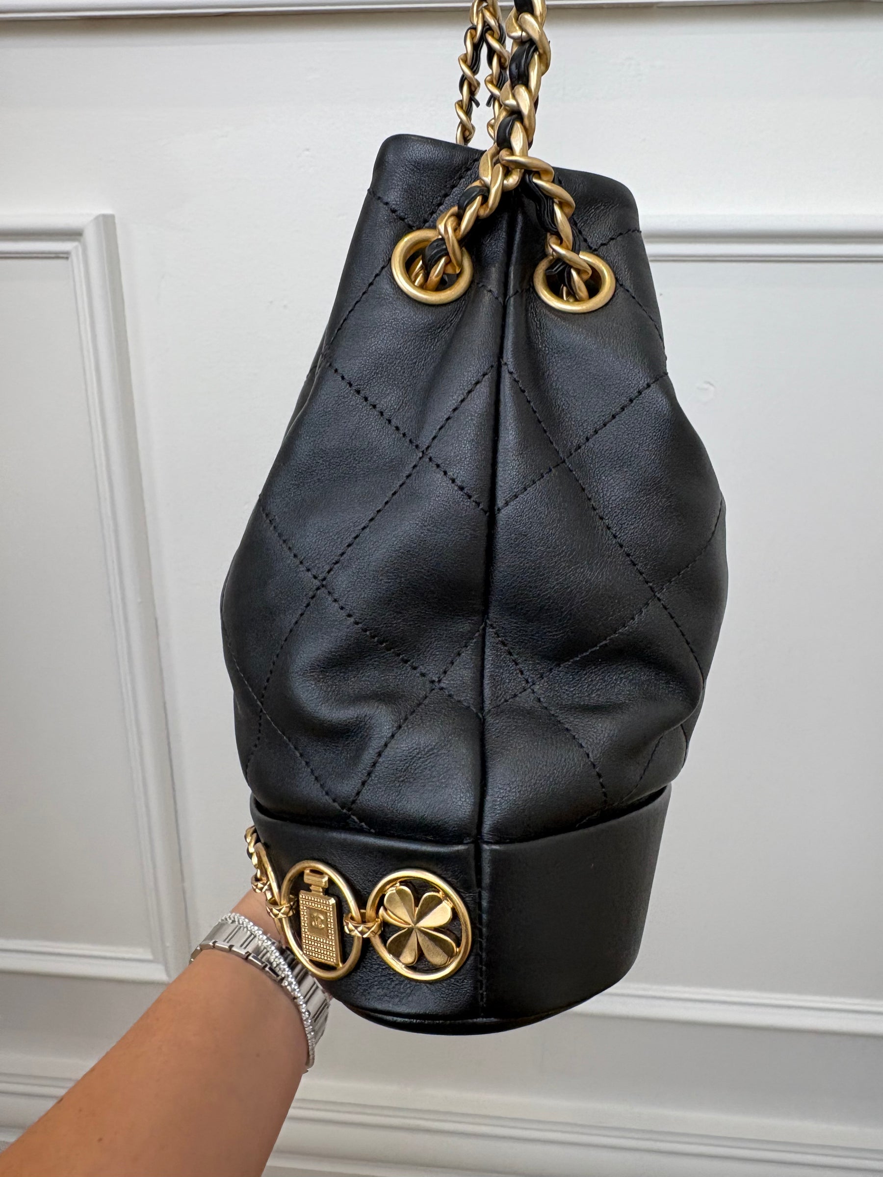 Chanel Black Lambskin Leather Charm Bucket Bag