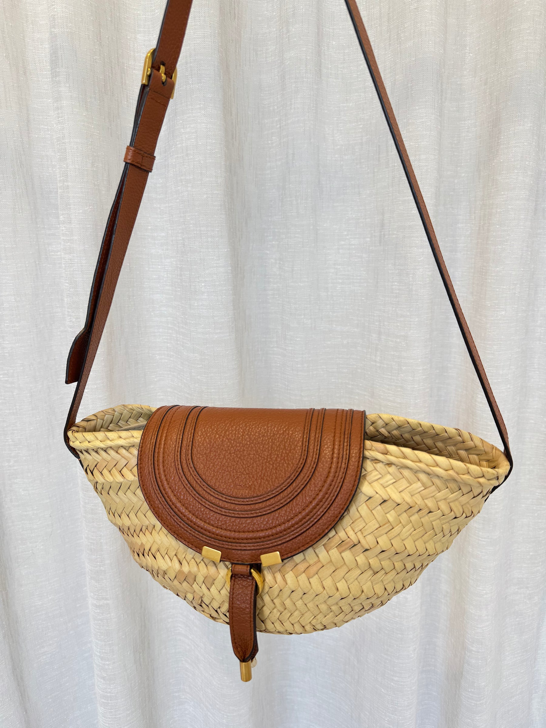 Chloé Raffia and Tan Leather Basket Shoulder Bag