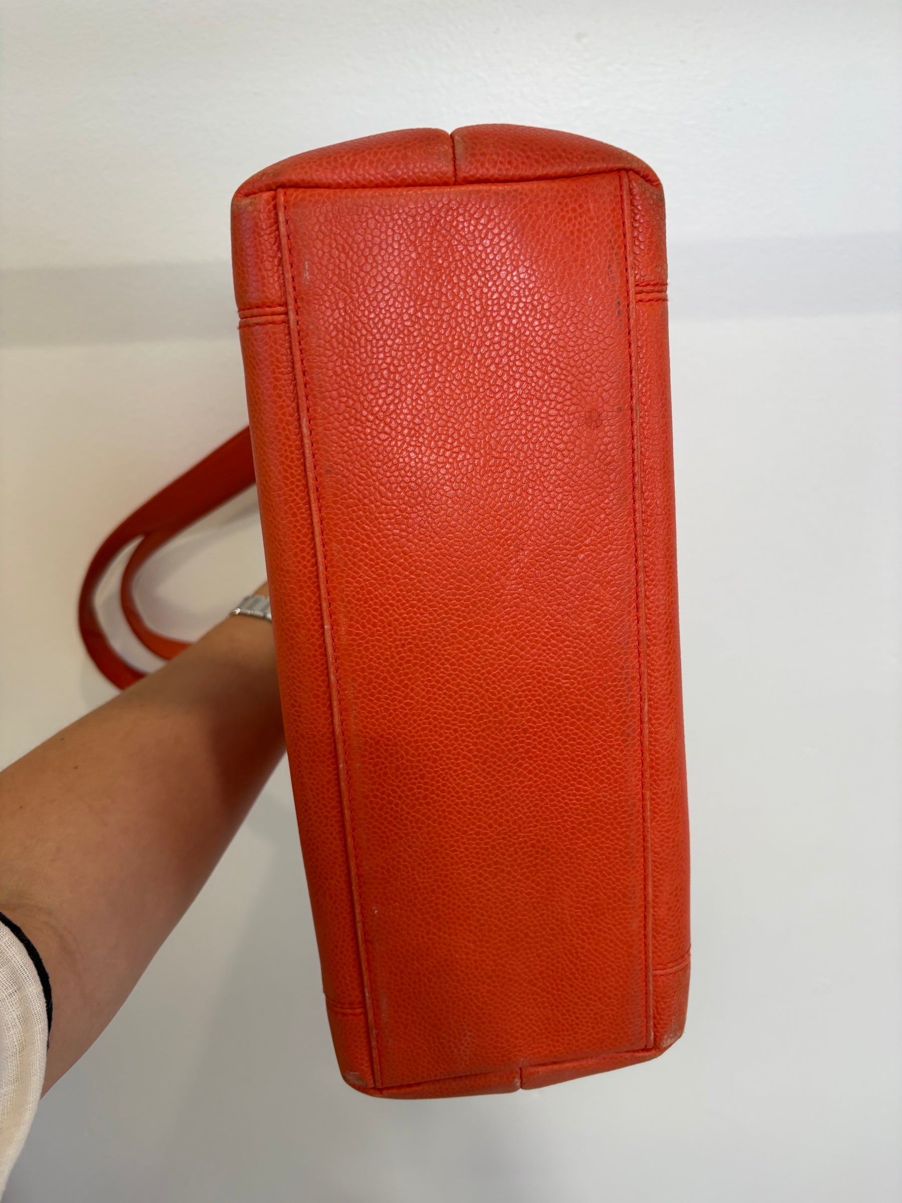 Chanel Orange Caviar Leather Logo Shopper Tote