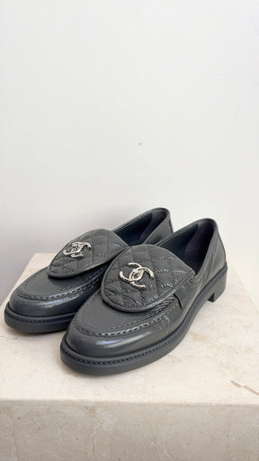 Chanel Grey Patent Leather Turn Lock Loafers, 38.5C