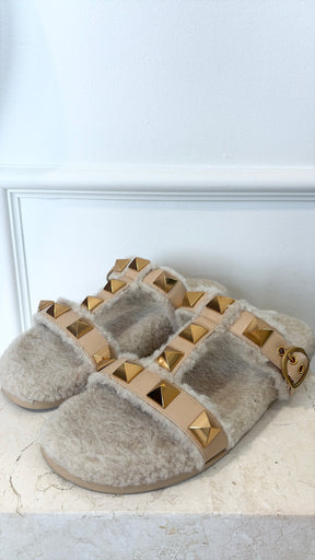 Valentino Garavani Beige Roman Stud Shearling Slides, 41.5