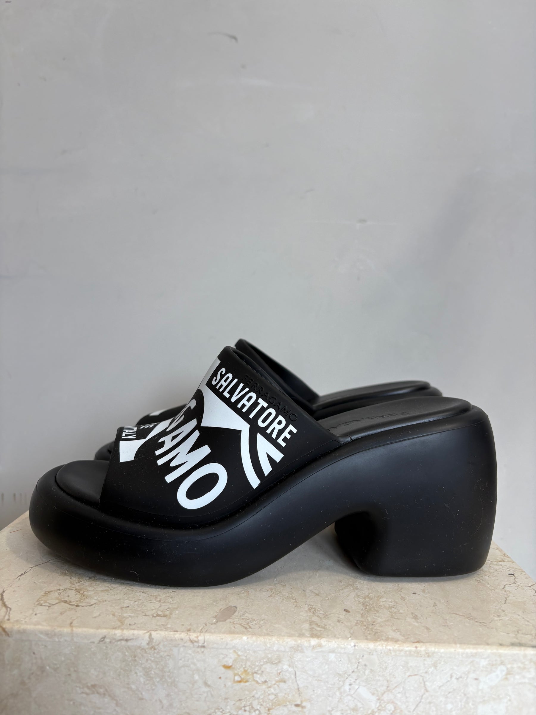 Ferragamo Black Rubber Mules, 7M