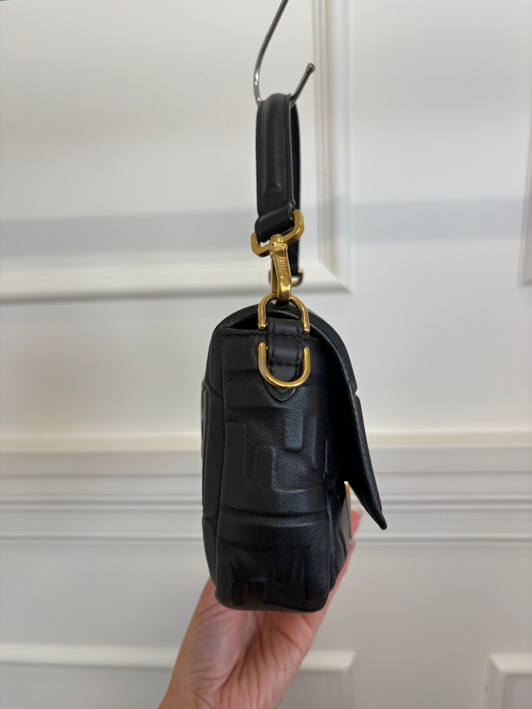 Fendi Black Leather Debossed Monogram Baguette Bag
