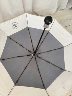 Chanel Black and Cream Logo Umbrella with Case