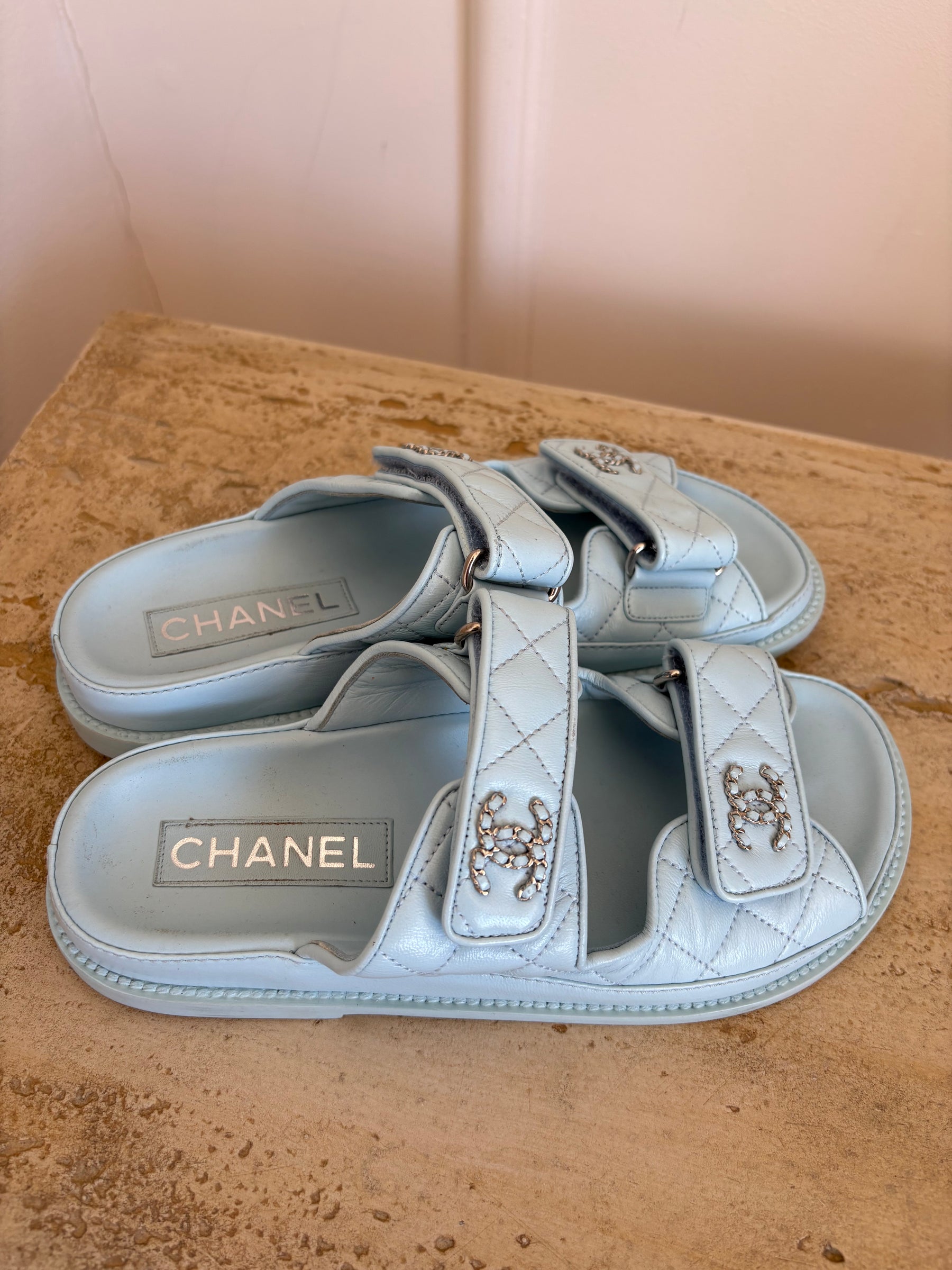 Chanel Blue Leather Backless Dad Sandals, 35.5C