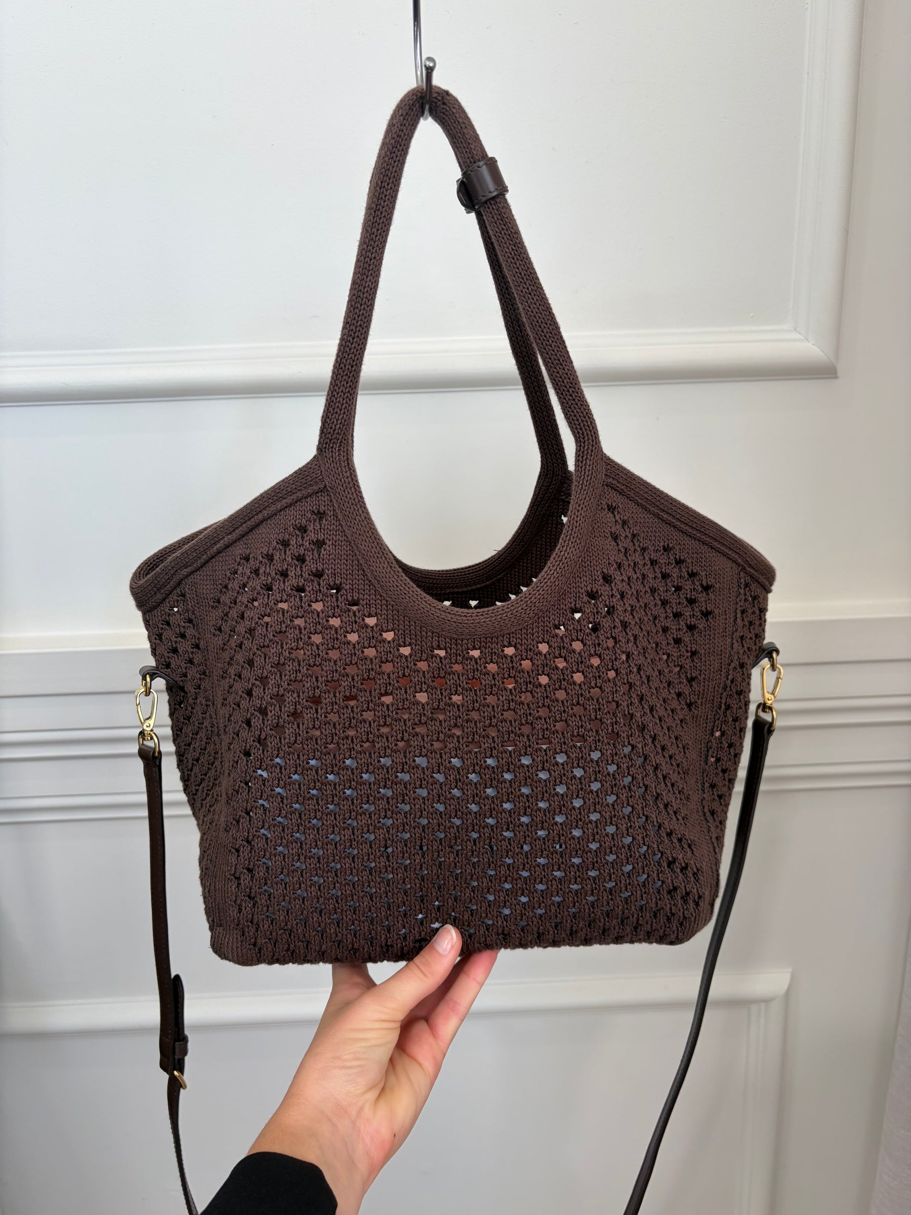 Miu Miu Ivy Cotton Mesh Tote Chocolate Brown